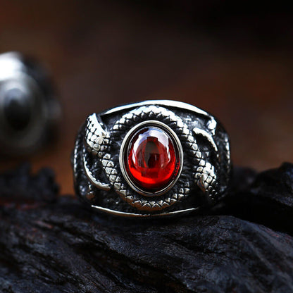 Vintage Solid Stainless Steel Double Snake Ring for Men Inlaid Red Synthetic Gemstone