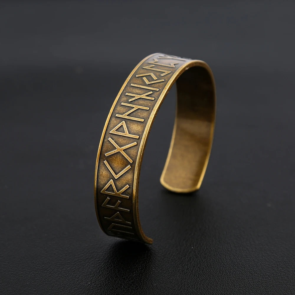 Viking Slavic Nordic Open C Bracelet for Men, Stainless Steel Engraved Rune Alphabet Retro Adjustable Cuff Bangle
