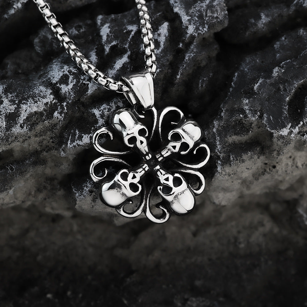 Men's Steel Flower Skull Pendant Necklace