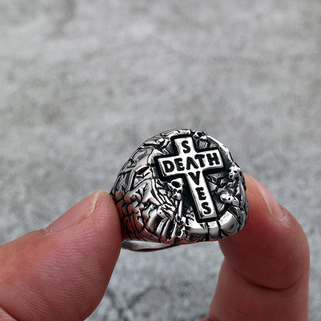 Vintage Antique Solid Stainless Steel 3D Carved Rock Crack Skull Death Cross Signet Ring for Men