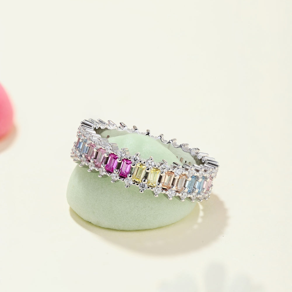 Women's Colorful Rectangular Zirconia Paved Hollow Design Ring, S925 with White Gold Plating
