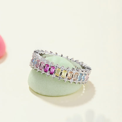 Women's Colorful Rectangular Zirconia Paved Hollow Design Ring, S925 with White Gold Plating