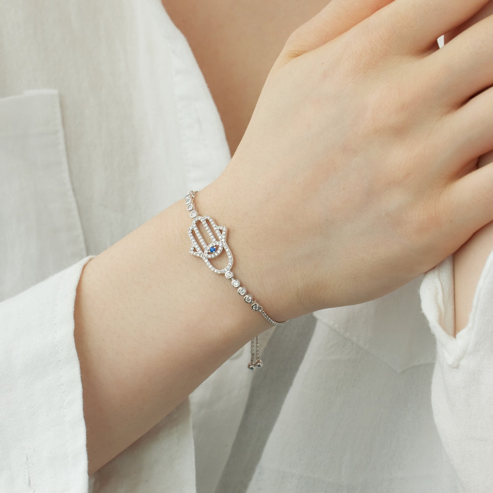 Women's Adjustable Bracelet, Hamsa Hand Evil Eye Paved Zirconia Inlay, S925 with White Gold Plating