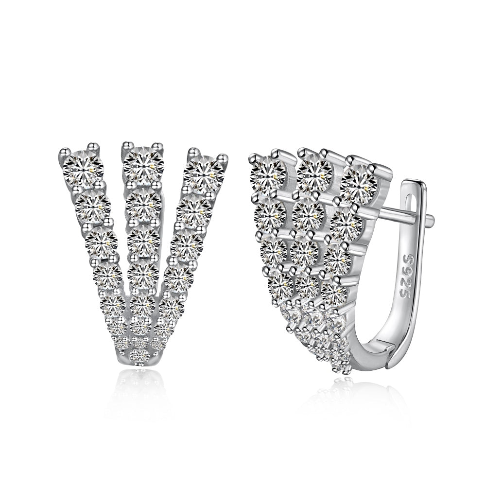 Women's U‑Shape Click Hoop Earrings, 3‑Row Paved Round Zirconia, S925 with White Gold Plating