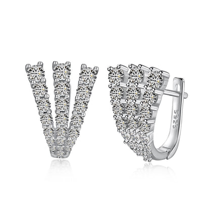 Women's U‑Shape Click Hoop Earrings, 3‑Row Paved Round Zirconia, S925 with White Gold Plating