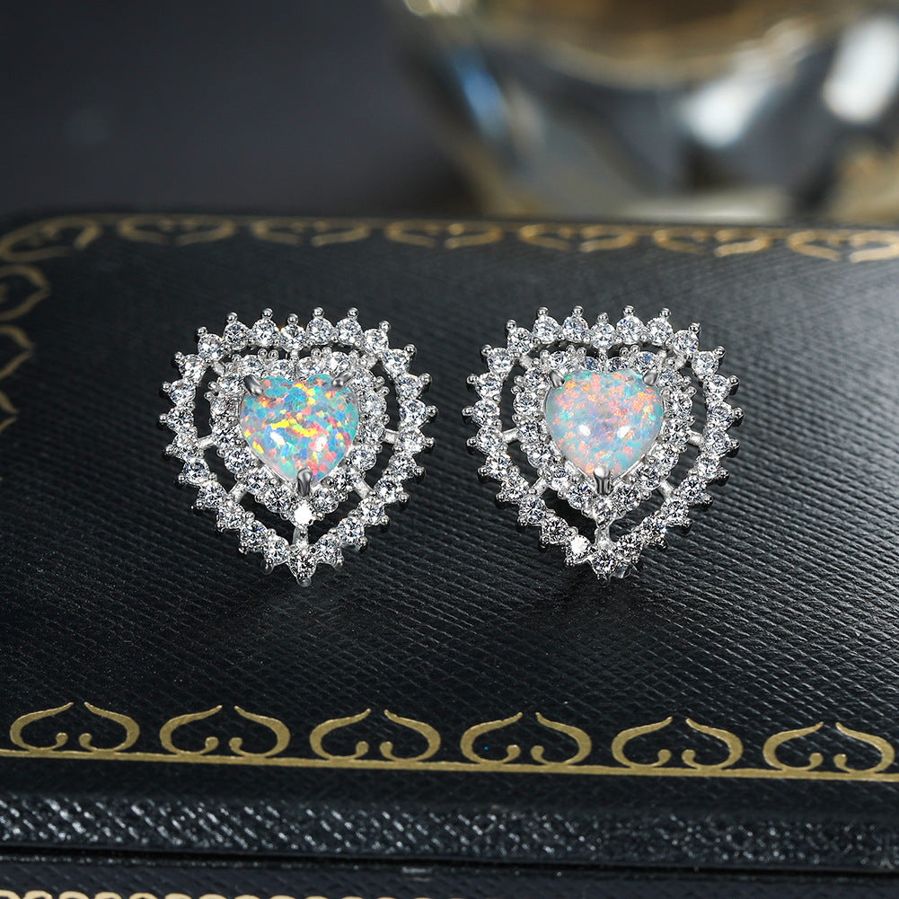 Women's Double‑Layer Heart Opal Stud Earrings, Full Zirconia Halo Setting, with White Gold Plating