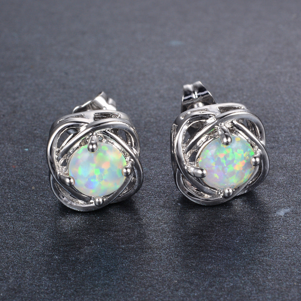 Women's Four‑Prong Blue Round Opal Braided Frame Stud Earrings