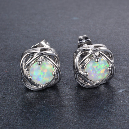 Women's Four‑Prong Blue Round Opal Braided Frame Stud Earrings