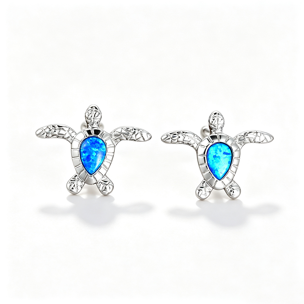 Women's Sea‑Turtle Stud Earrings With Teardrop Opal, with White Gold / Rose Gold Plating