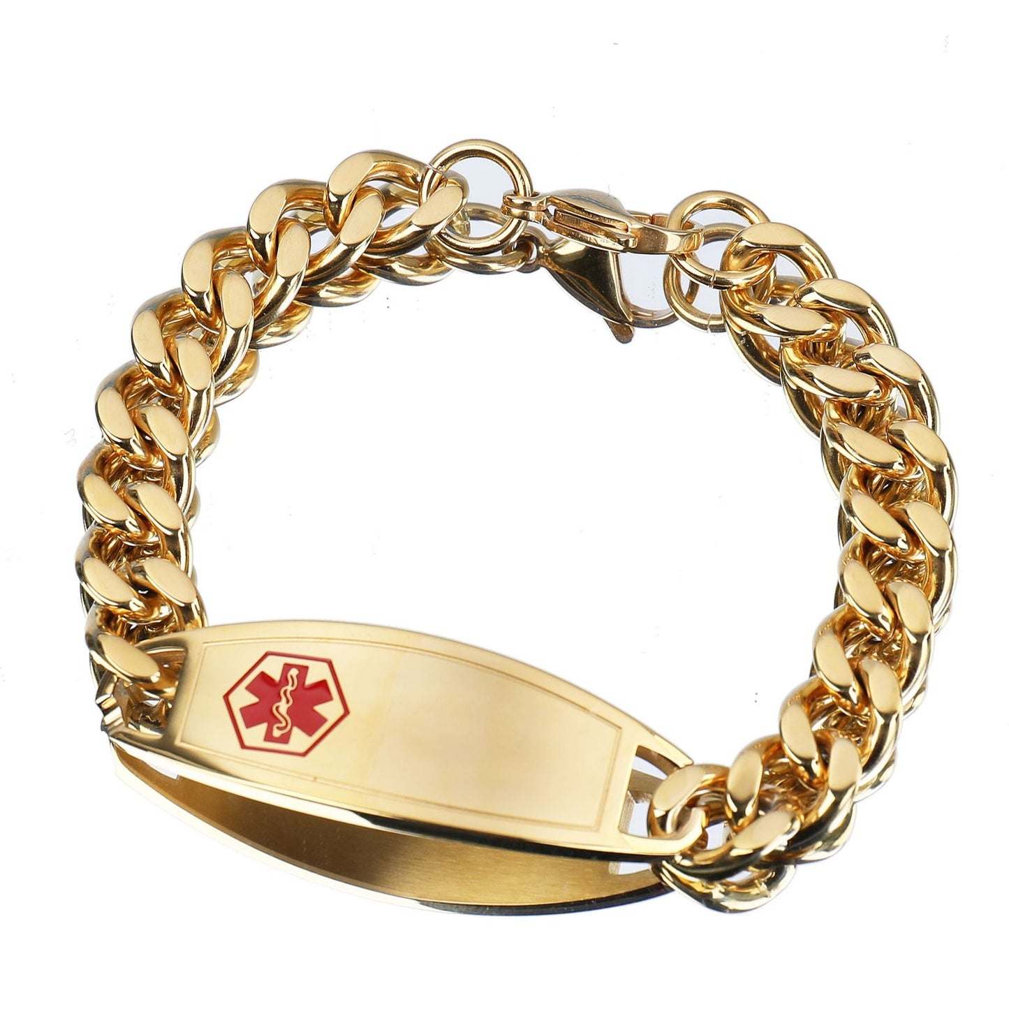 Men’s Gold Tone Stainless Steel Curved Medical Tag Bracelet, European American Fashion Wrist Jewelry