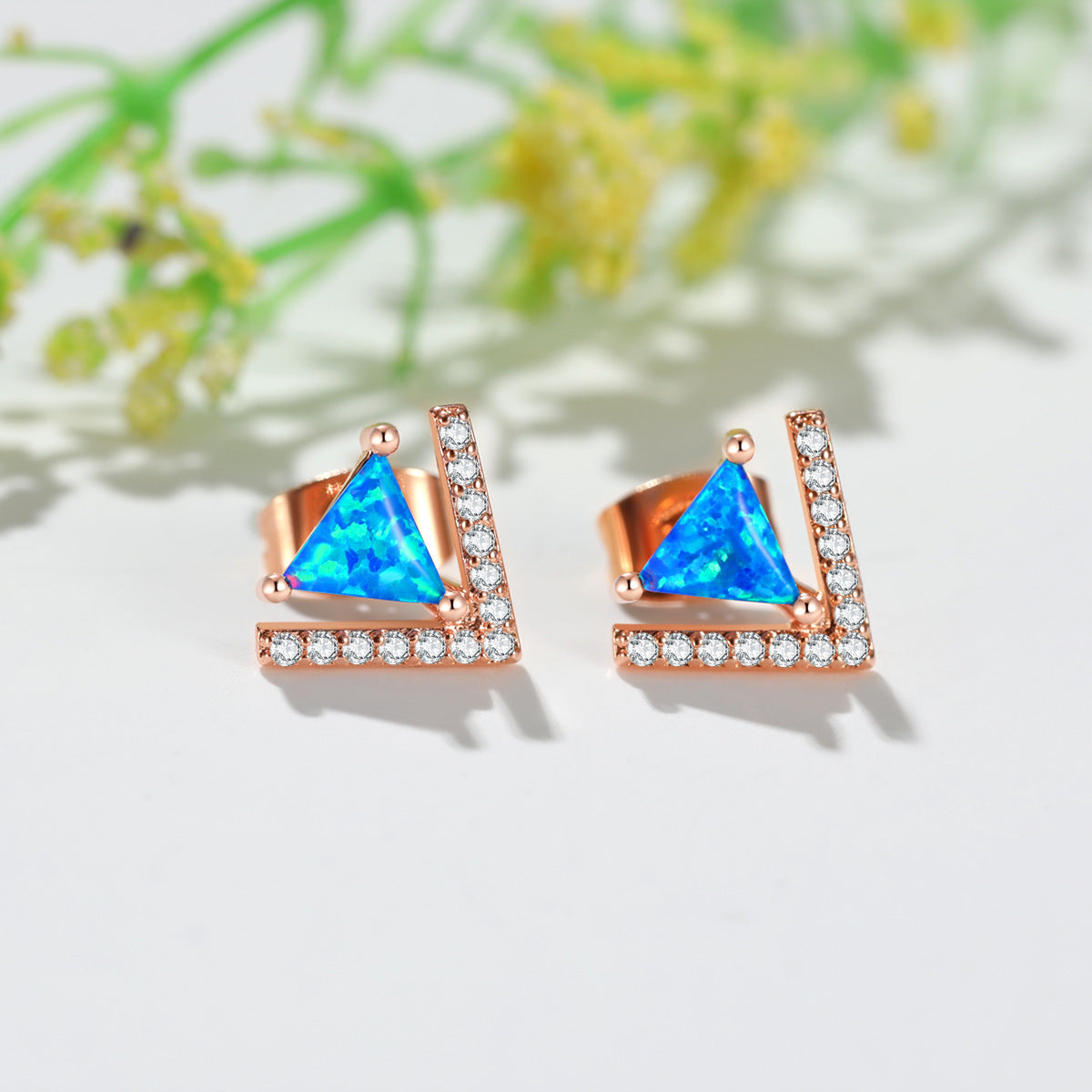 Women's V‑Shaped Triangle Opal Stud Earrings With Zirconia Inlay, White Gold Plating / Rose Gold Plating