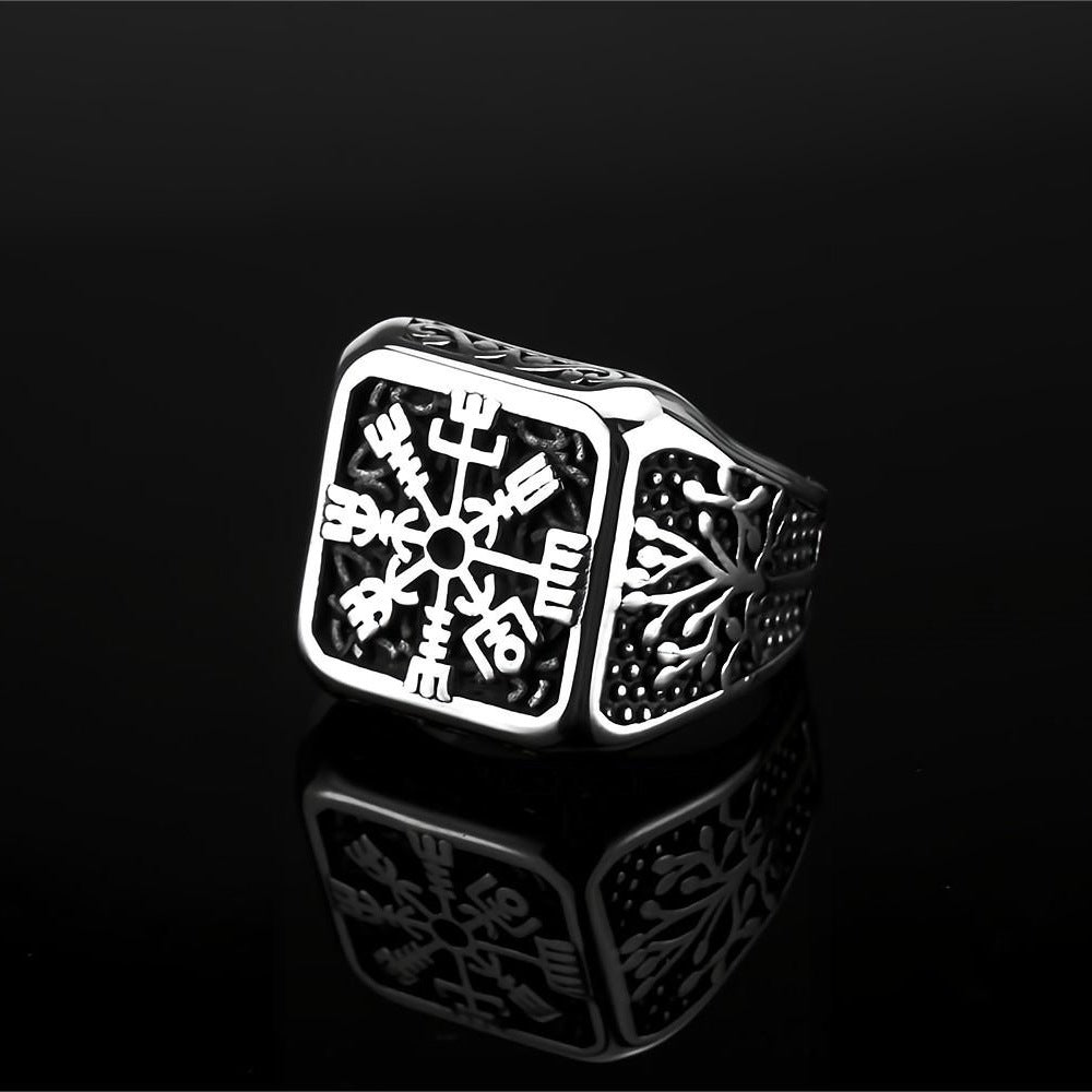 Vintage Solid Stainless Steel Viking Vegvisir Compass Tree of Life Square Signet Ring for Men