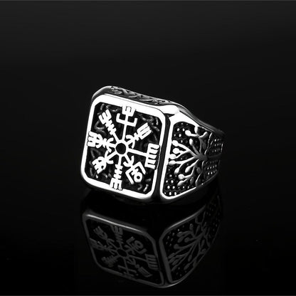 Vintage Solid Stainless Steel Viking Vegvisir Compass Tree of Life Square Signet Ring for Men