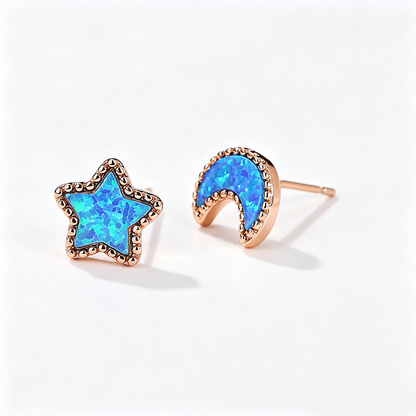 Women's Asymmetrical Star‑Moon Blue / White Opal Stud Earrings, with White Gold Plating / Rose Gold Plating
