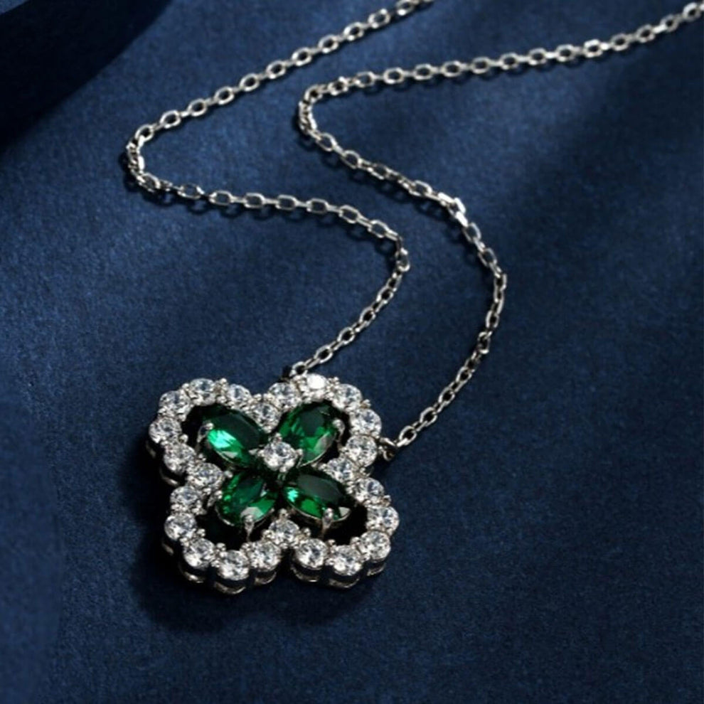 Women's Sterling Silver Hollow Four-leaf Clover Emerald Pendant