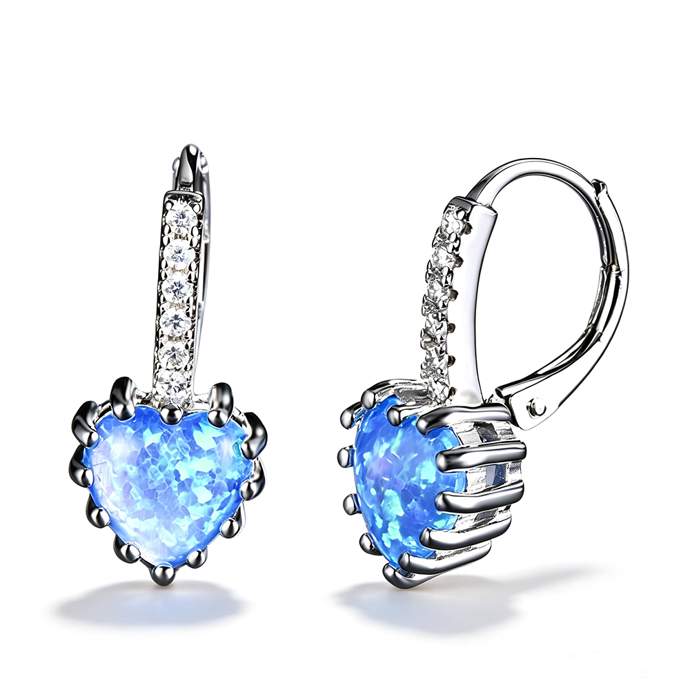 Women's Heart‑Shape Opal Leverback Earrings with Paved Zirconia, with White Gold / Rose Gold Plating