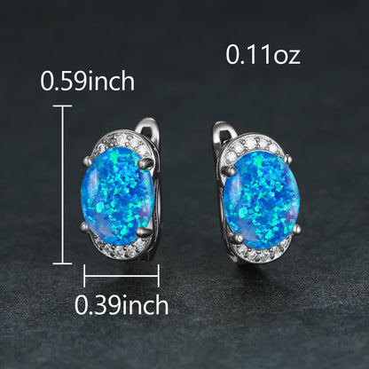 Women's Oval White & Blue Opal Halo Round Zirconia Huggie Earrings, with Gold Plating / with White Gold Plating