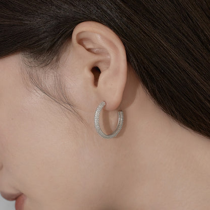 Women's Delicate 20 mm Round Huggie Earrings, Full Paved Round Zirconia, S925 with White Gold Plating