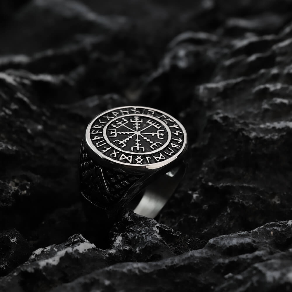 Vintage Nordic Stainless Steel Viking Rune Compass Round Ring for Men