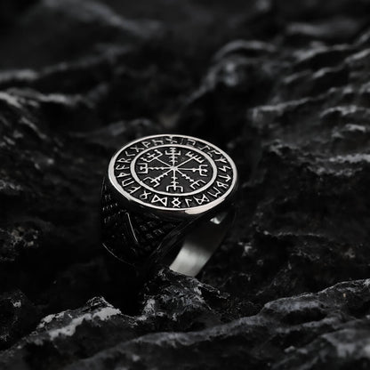 Vintage Nordic Stainless Steel Viking Rune Compass Round Ring for Men
