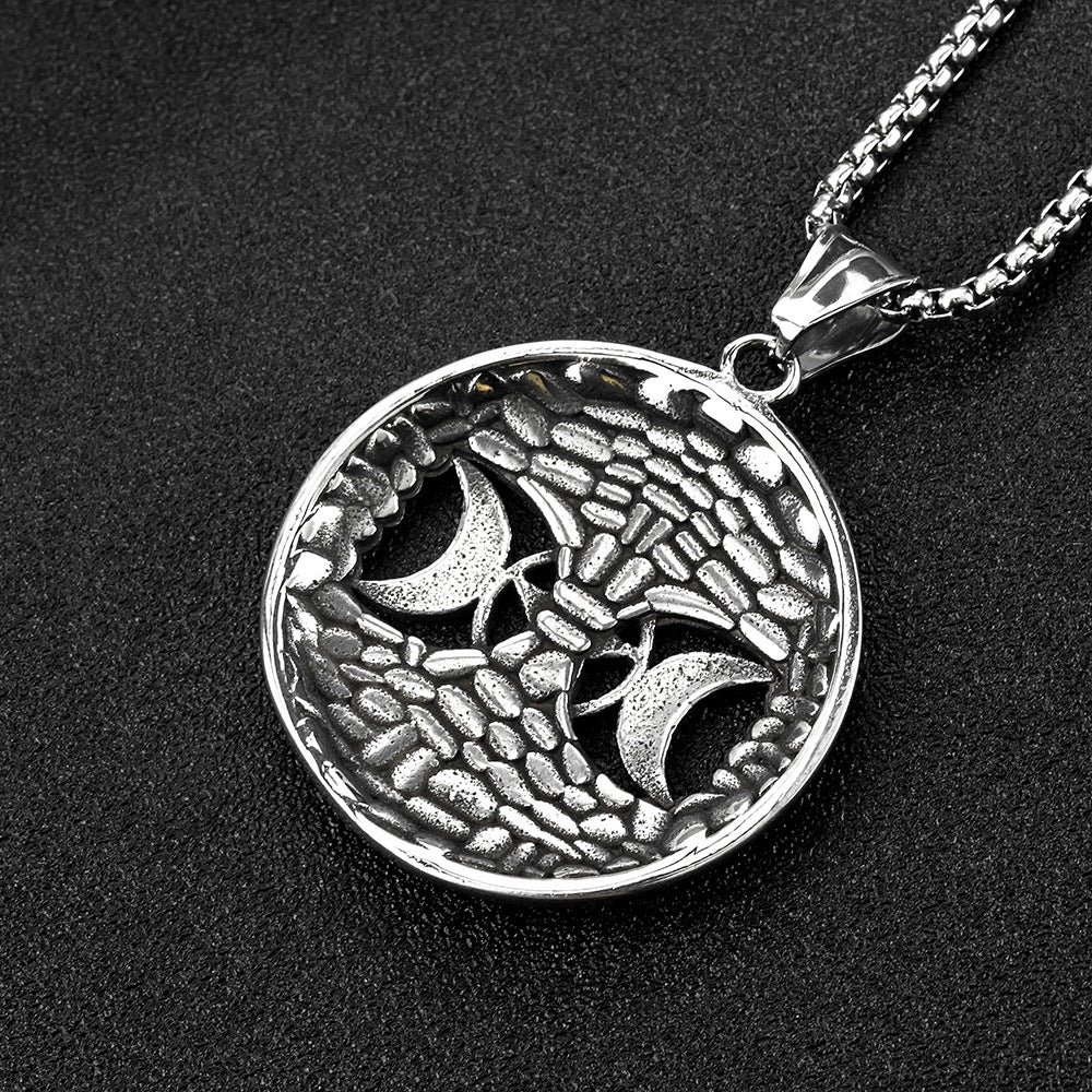 Men's Steel Triple Moon Tree of Life Pentagram Round Tag Pendant Necklace