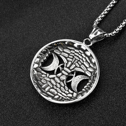Men's Steel Triple Moon Tree of Life Pentagram Round Tag Pendant Necklace