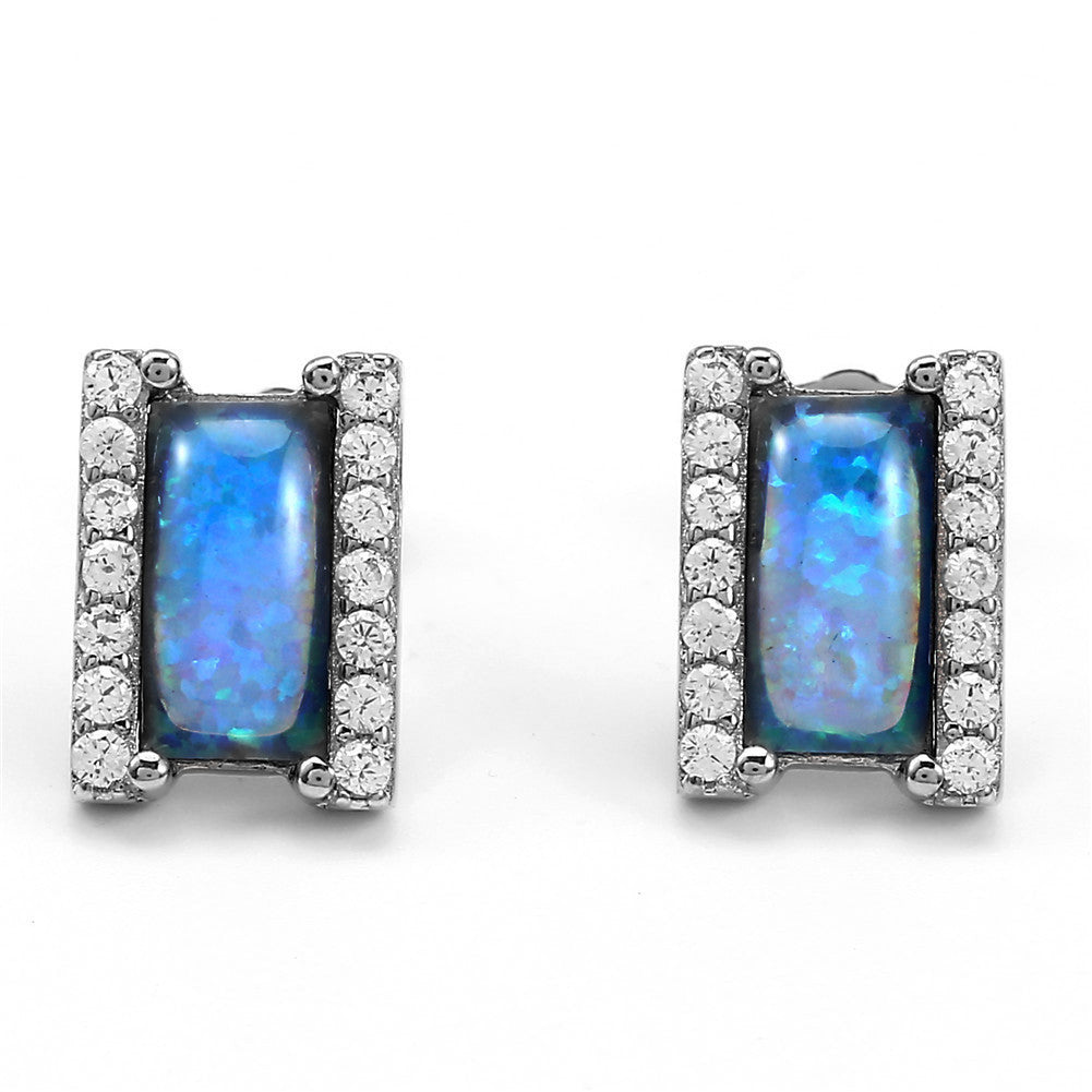 Women's Rectangle Opal Halo Zirconia Stud Earrings, with White Gold Plating