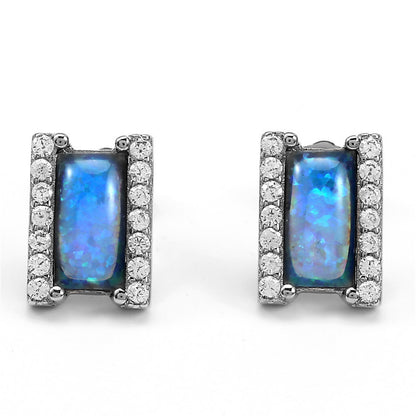 Women's Rectangle Opal Halo Zirconia Stud Earrings, with White Gold Plating