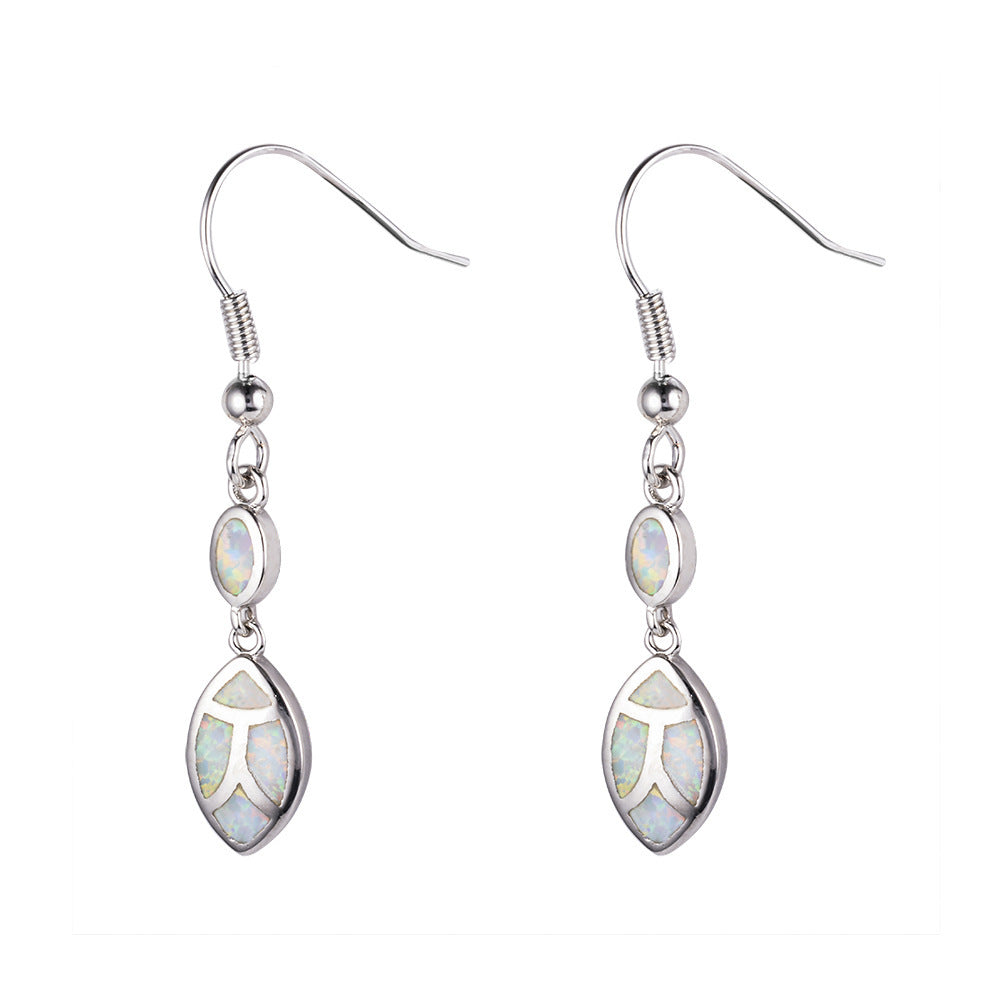 Women's Double‑Layer Leaf Mosaic Blue & White Opal Hook Dangle Earrings, White Gold Plating