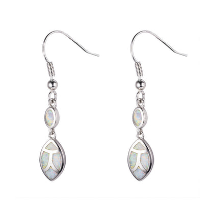 Women's Double‑Layer Leaf Mosaic Blue & White Opal Hook Dangle Earrings, White Gold Plating
