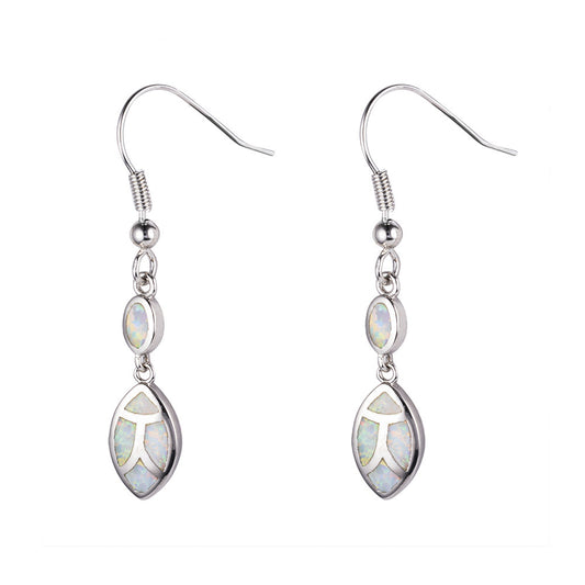 Women's Double‑Layer Leaf Mosaic Blue & White Opal Hook Dangle Earrings, White Gold Plating