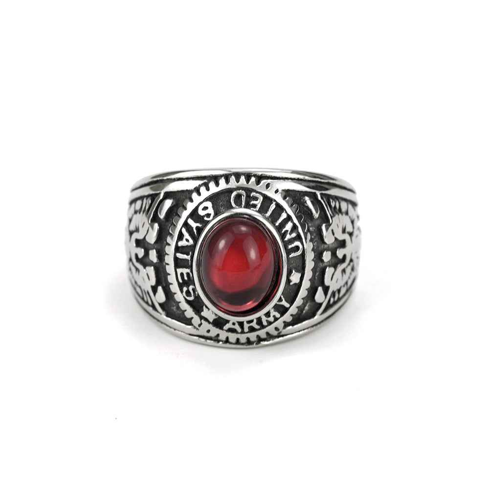 Vintage Solid Stainless Steel Inlaid Red Stone Dual Gun Letter Symbol Band Ring for Men