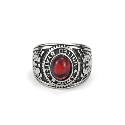 Vintage Solid Stainless Steel Inlaid Red Stone Dual Gun Letter Symbol Band Ring for Men
