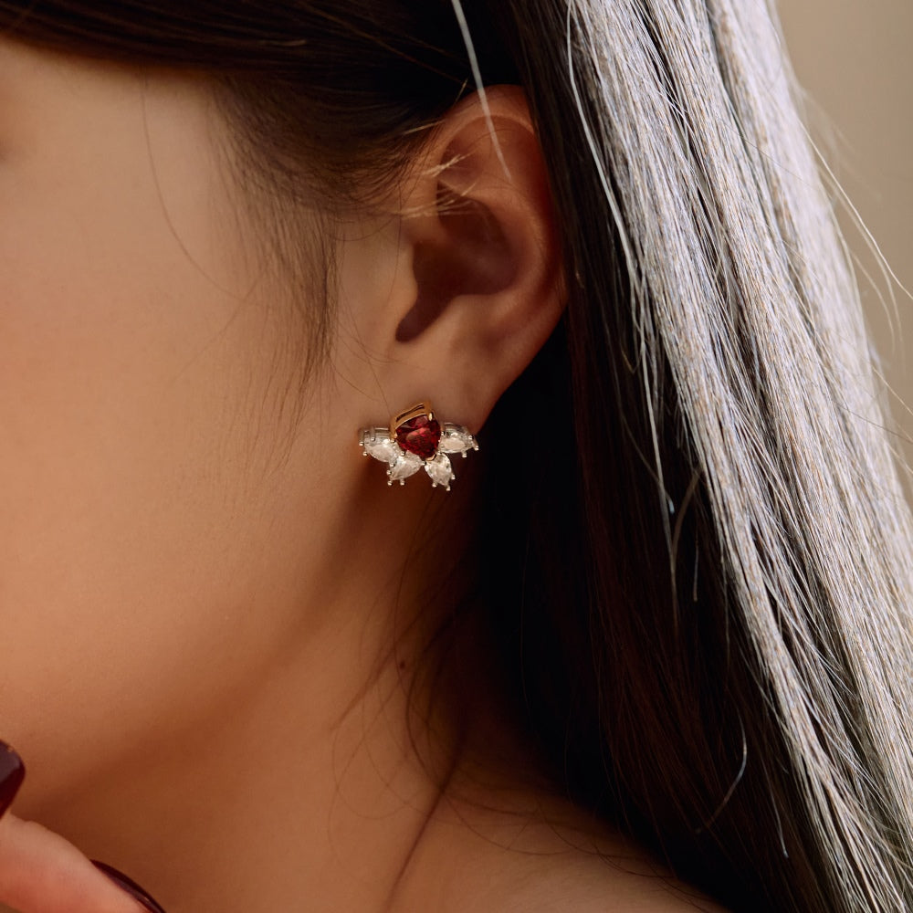 Women's Flower Stud Earrings, Red Heart Zirconia with White Marquise Zirconia, S925 with White Gold Plating