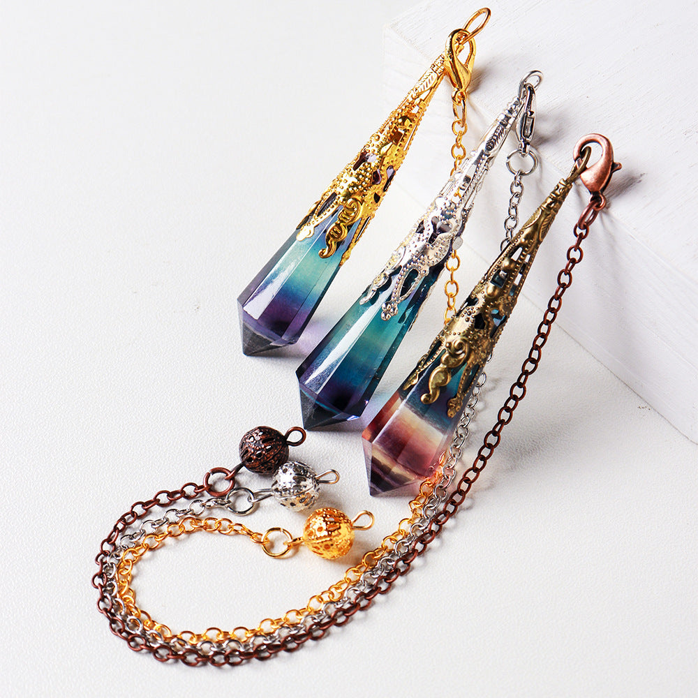 Vintage 6-Faceted Natural Rainbow Fluorite Crystal Spirit Pendulum