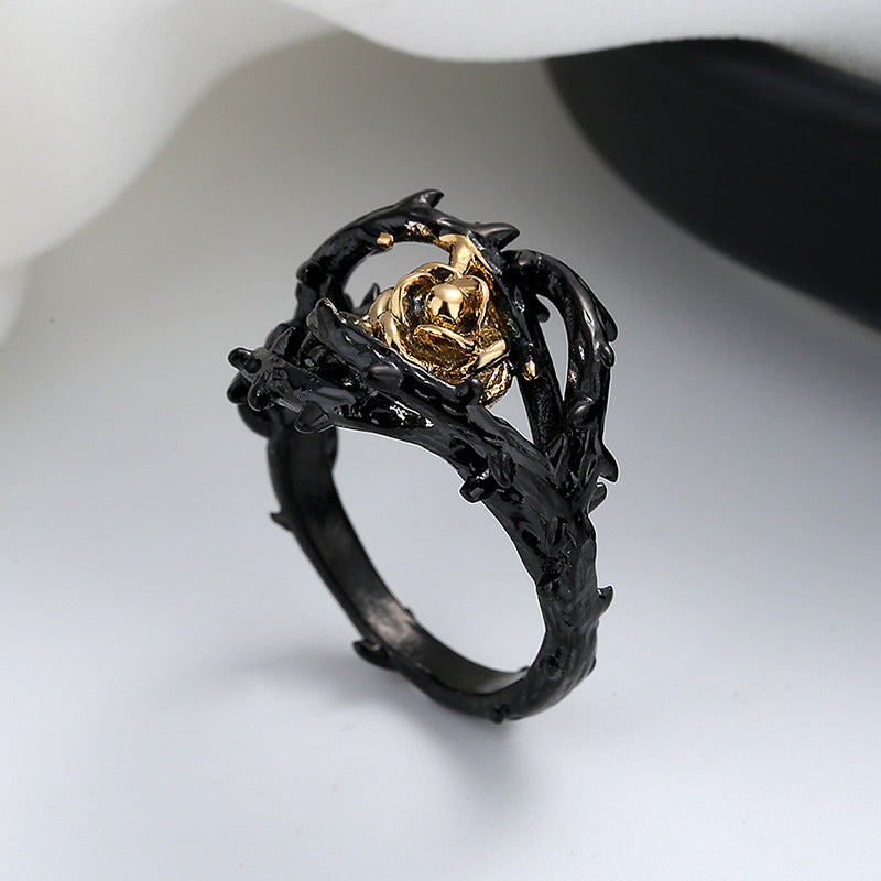 Men's Black Rose Flower Design Ring with Black and Gold Accents