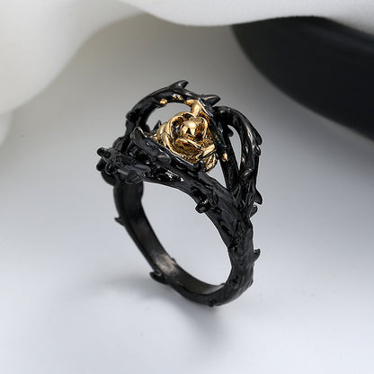 Men's Black Rose Flower Design Ring with Black and Gold Accents