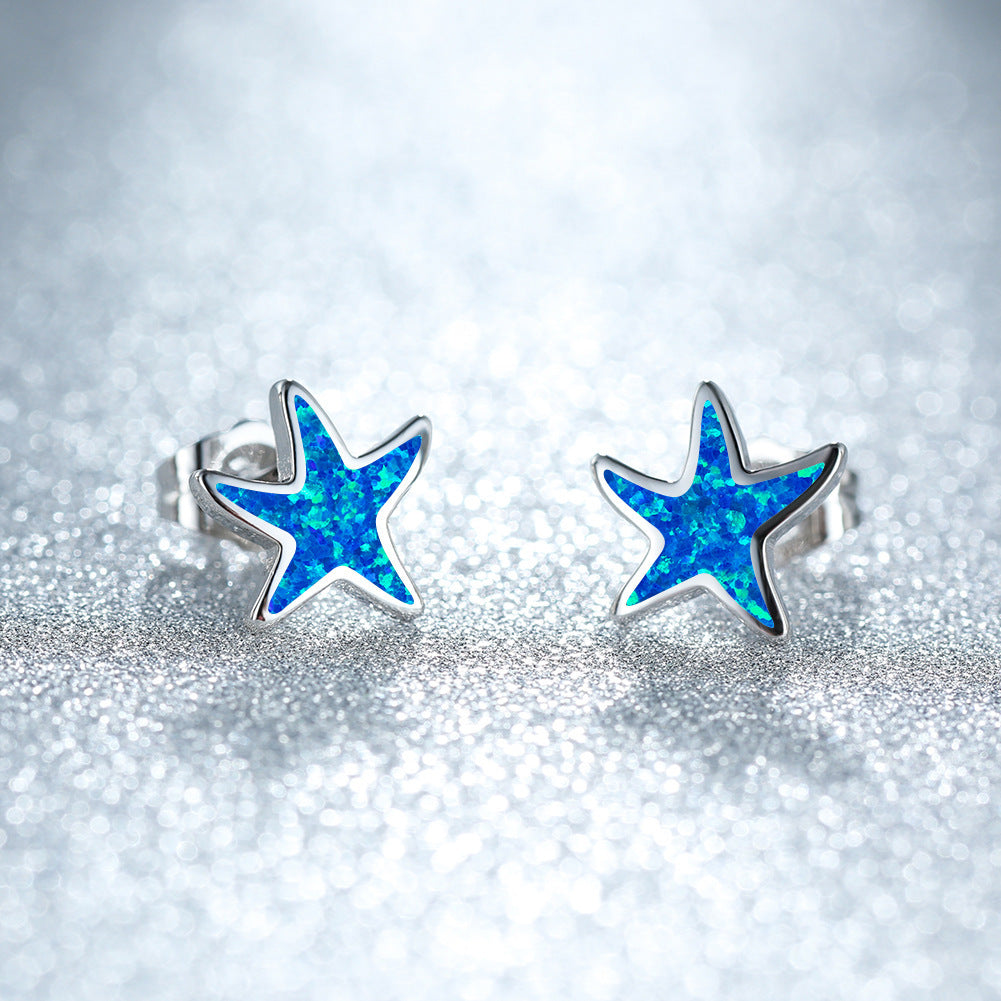 Women's Cute Starfish Shape Stud Earrings With White Opal Inlay, with Rose Gold Plating / with White Gold Plating