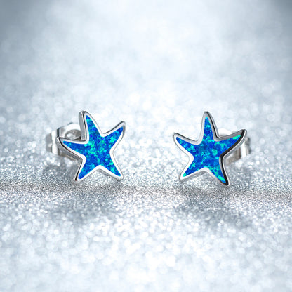 Women's Cute Starfish Shape Stud Earrings With White Opal Inlay, with Rose Gold Plating / with White Gold Plating