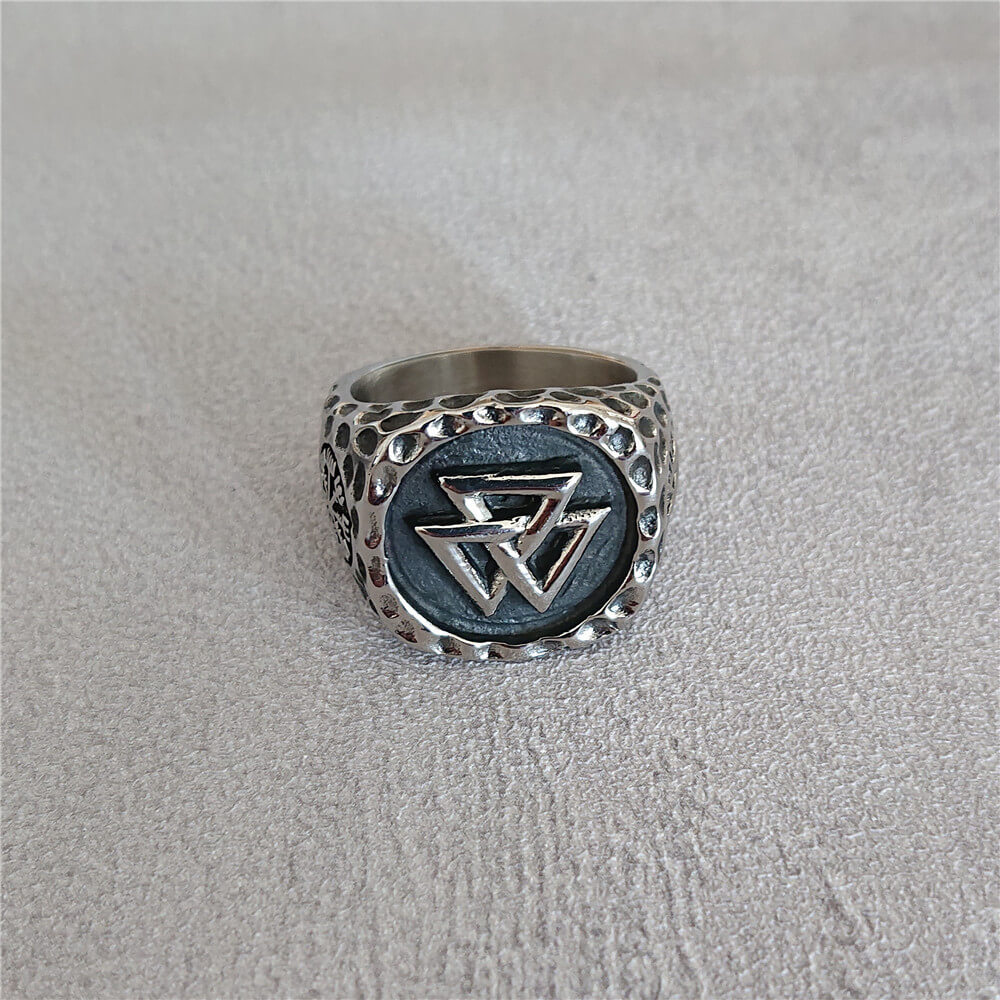 Vintage Solid Stainless Steel Viking Valknut Vegvisir Round Signet Ring for Men