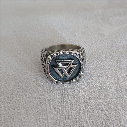 Vintage Solid Stainless Steel Viking Valknut Vegvisir Round Signet Ring for Men