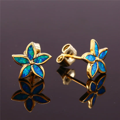 Women's Five‑Petal Flower Stud Earrings Inlaid With White & Blue Opal, with Gold Plating / with White Gold Plating