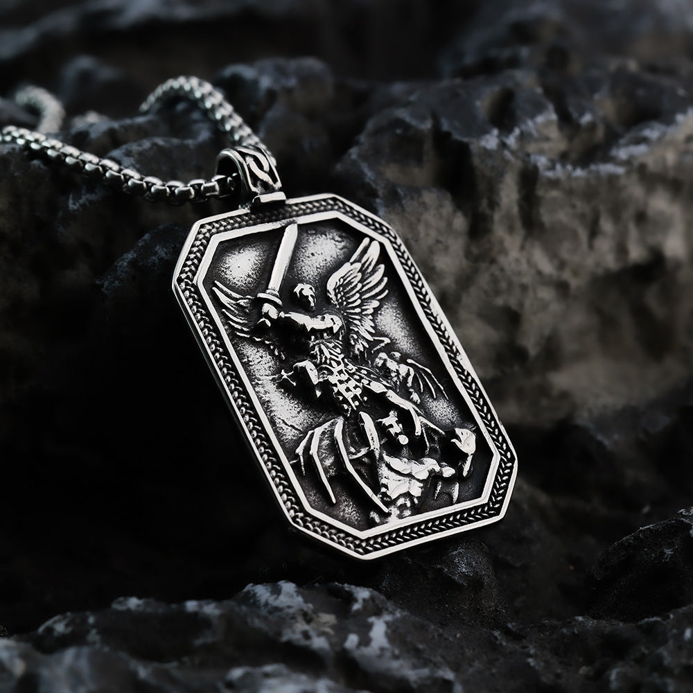 Men's Steel Archangel Michael Square Tag Pendant Necklace