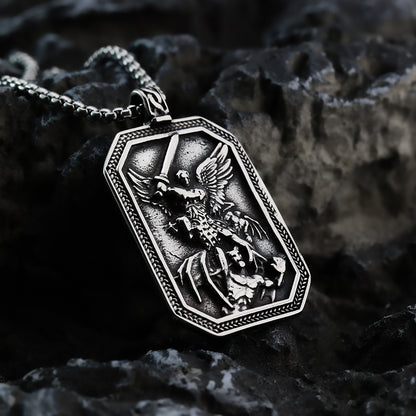 Men's Steel Archangel Michael Square Tag Pendant Necklace