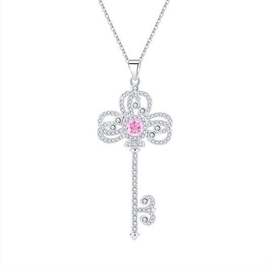 Women's White Gold Classic Iris Key Shape Pink Sapphire Pendant