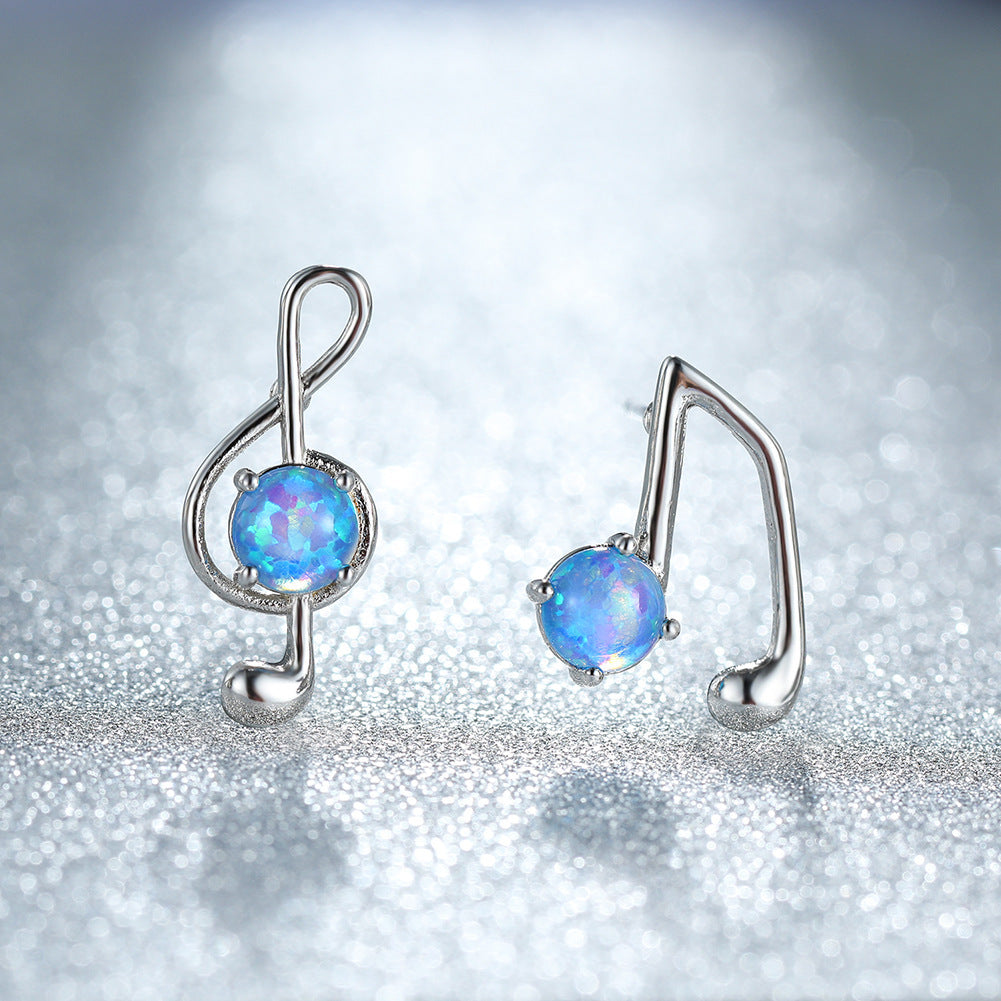 Women's Asymmetrical Music Note Round Opal Stud Earrings, Blue Opal & White Opal