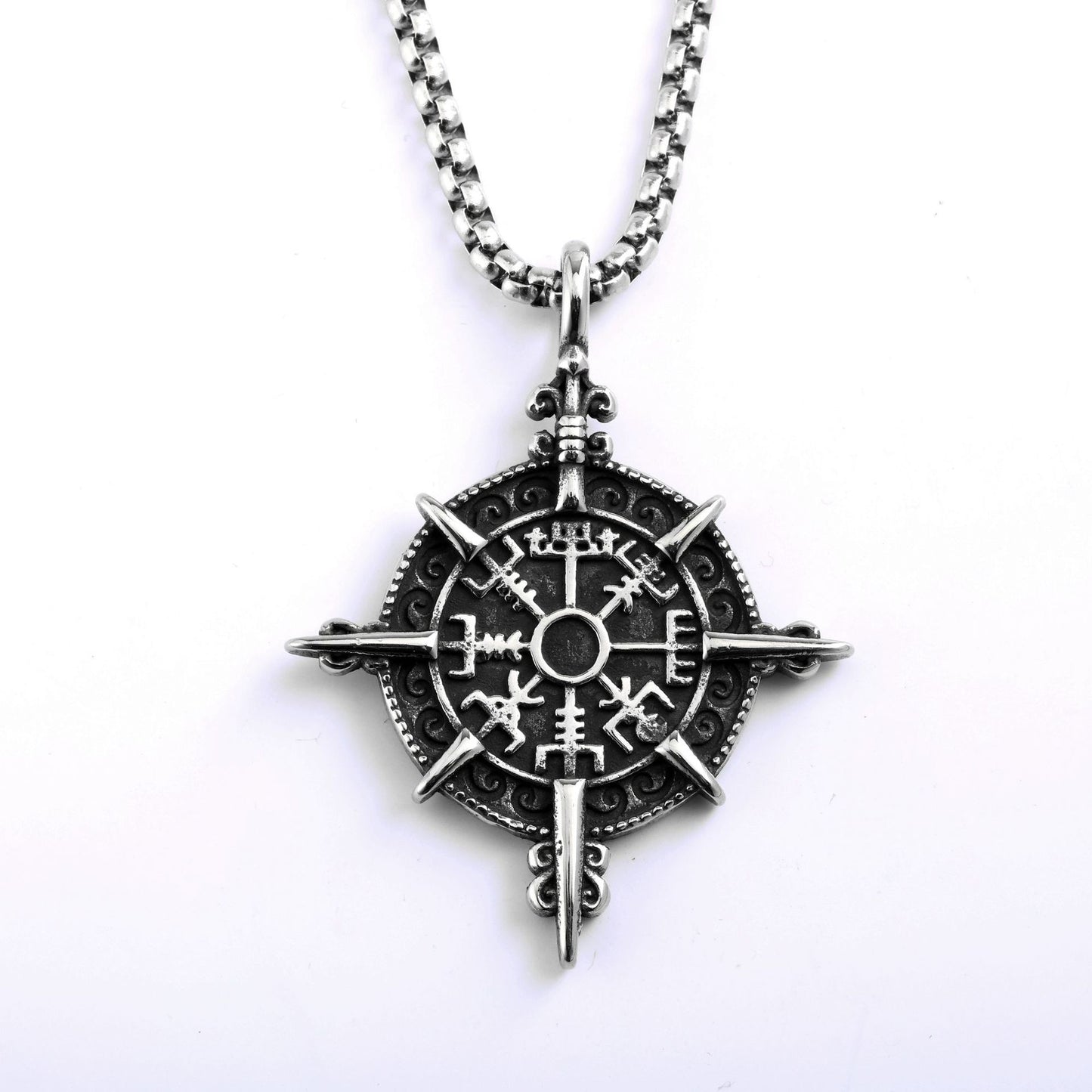 Vintage Stainless Steel Viking Ship Wheel Pendant Necklace for Men