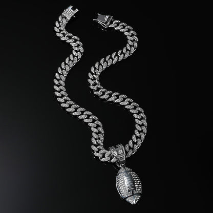 Hip-Hop Alloy Rugby Studded Cuban Chain Pendant Necklace