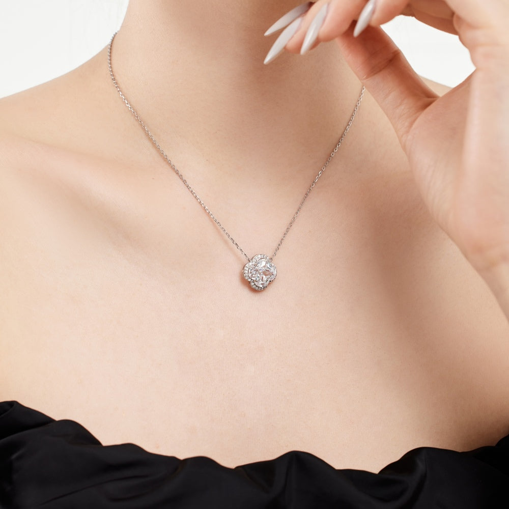 Women's Pendant Necklace, White Zirconia Four‑Leaf Clover Plum Blossom Flower Design, S925 with White Gold Plating