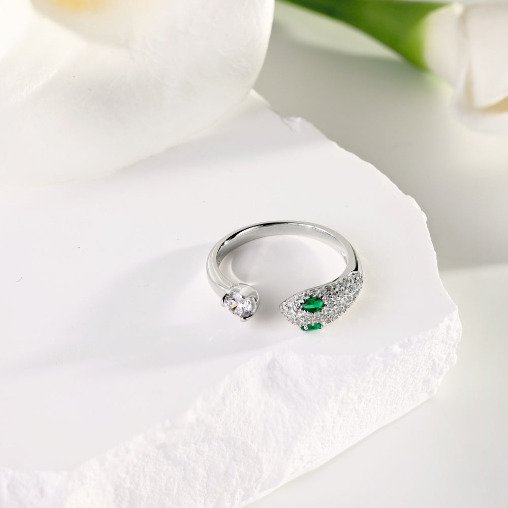 Women's Adjustable Snake Head Fashion Ring, Round & Emerald‑Tone Zirconia, S925 with White Gold Plating